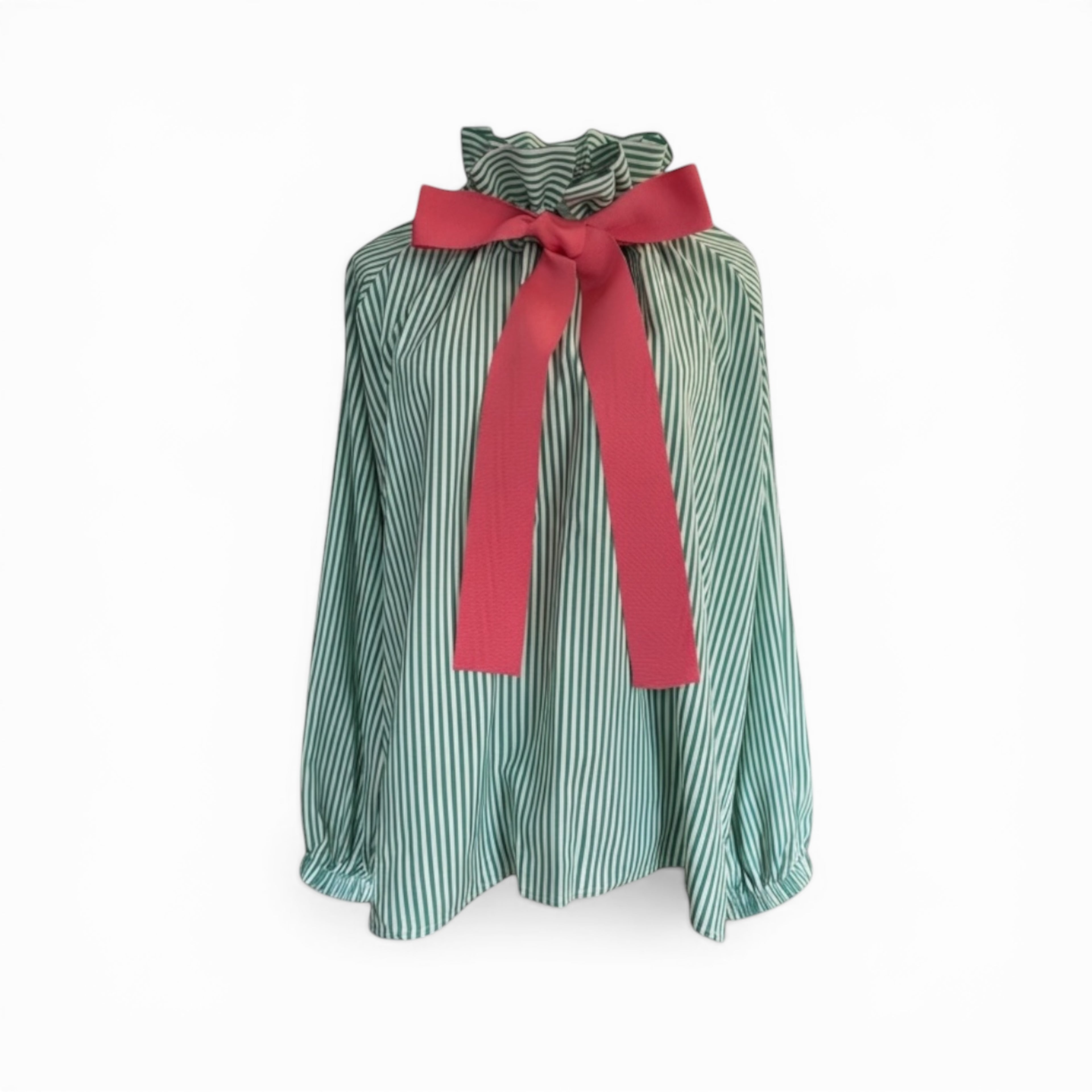 The Green Stripe & PinkBow Blouse | Elegant Women’s Blouse | The Cotswolds Daughter