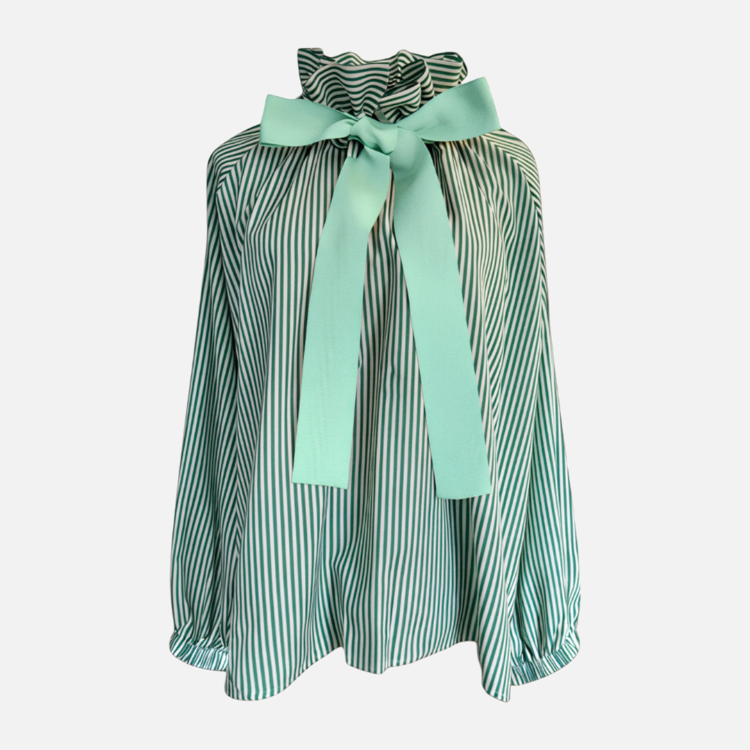The Green stripe & Mint Bow Blouse | Elegant Women’s Blouse | The Cotswolds Daughter