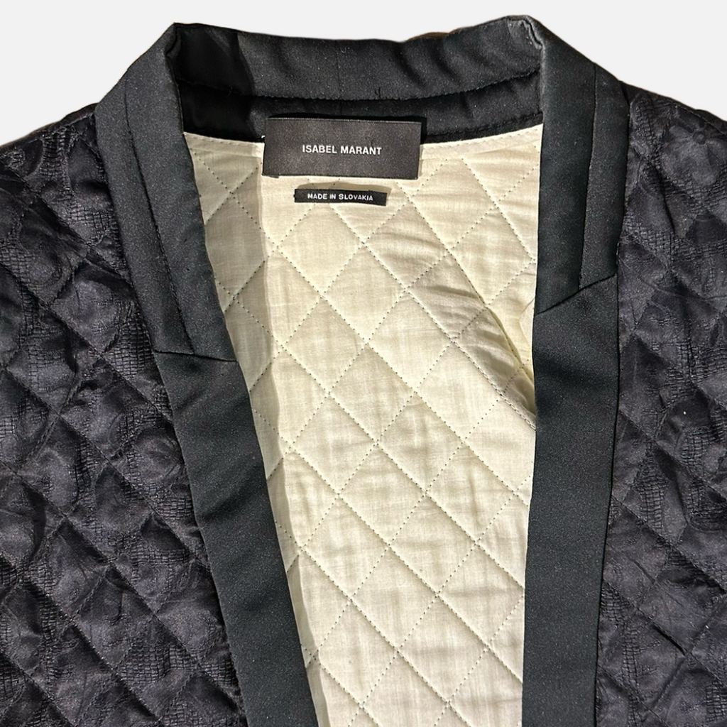 Isabel Marant black quilted jacket The Cotswolds Daughter
designer black silk jacket women
Isabel Marant black jacket editorial style
luxury black statement jacket women